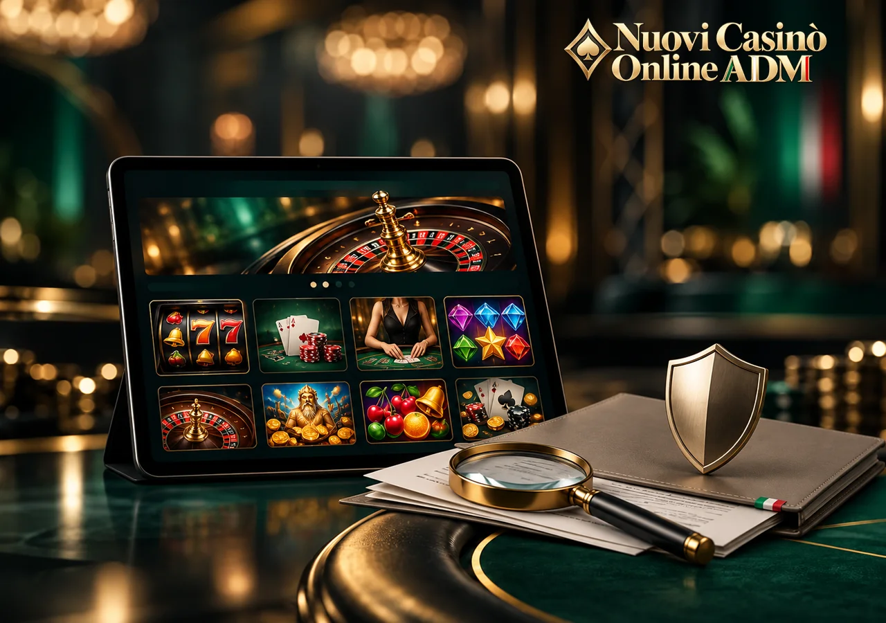 Roulette e slot sullo schermo, mentre lente e scudo richiamano la verifica